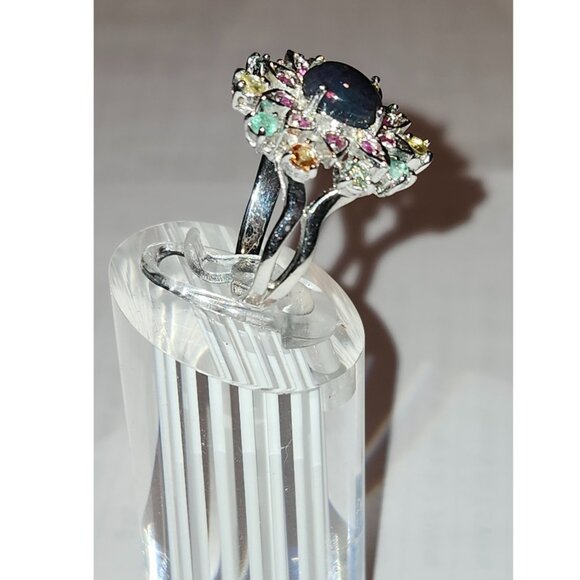 .925 Sterling Silver S/S Black Opal/Emerald/Ruby/Sapphire Ring Sz 8.5 $605 - Picture 3 of 8